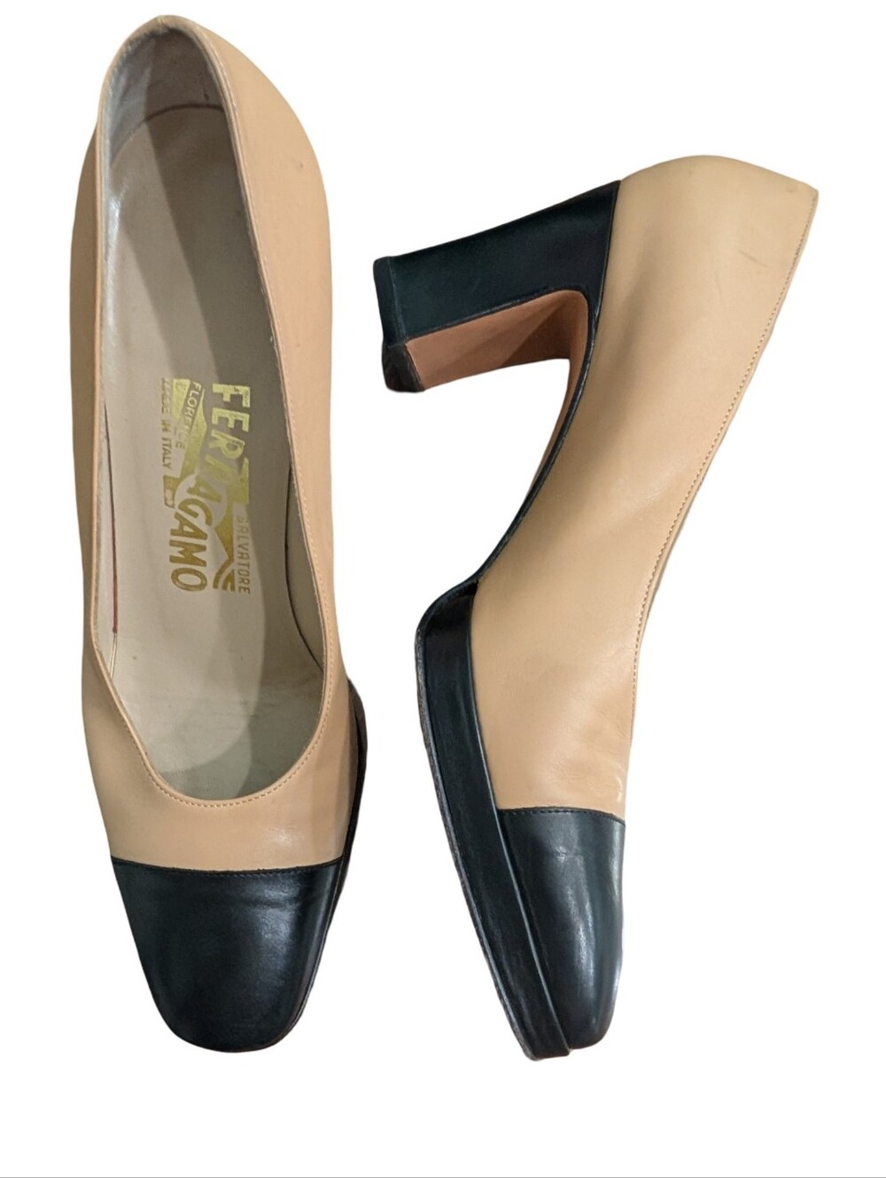 Salvatore Ferragamo Leather Pumps Shoes Size 6.5B Tan Black Cap Toe Block Heel